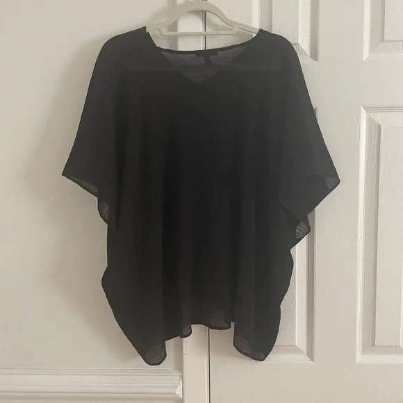Eileen Fisher Missy Woven Sheer Mesh Plisse V-Neck Top / Poncho in Black Organic - Picture 4 of 6